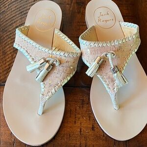 Jack Rogers Neutral Cork Thong Sandals with Gold Tassel Accents